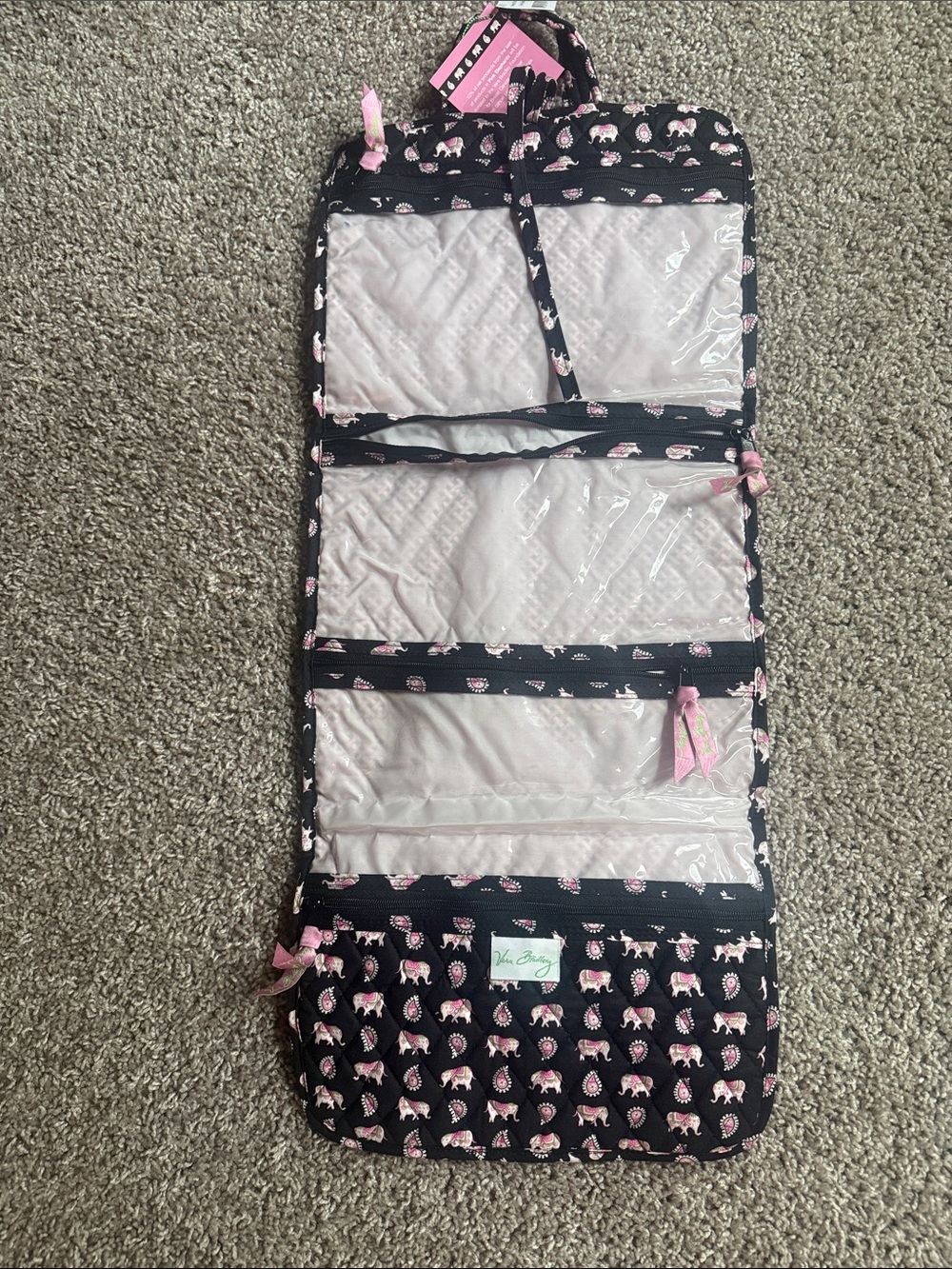 NWT Vera Bradley Black Quilted Hanging organizer in Pink Elephants - Picture 2 of 5